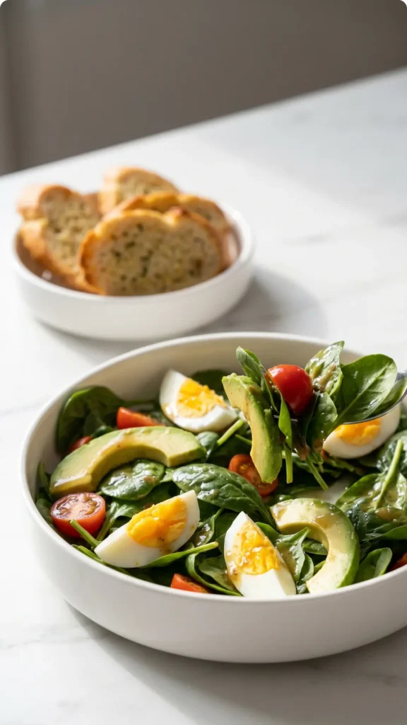 Keto Spinatsalat mit Avocado, Ei und Curry-Cashewkernen 