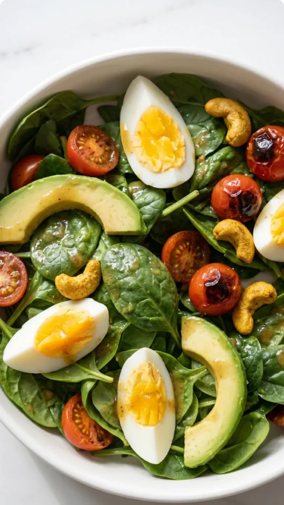Keto Spinatsalat mit Avocado, Ei und Curry-Cashewkernen 