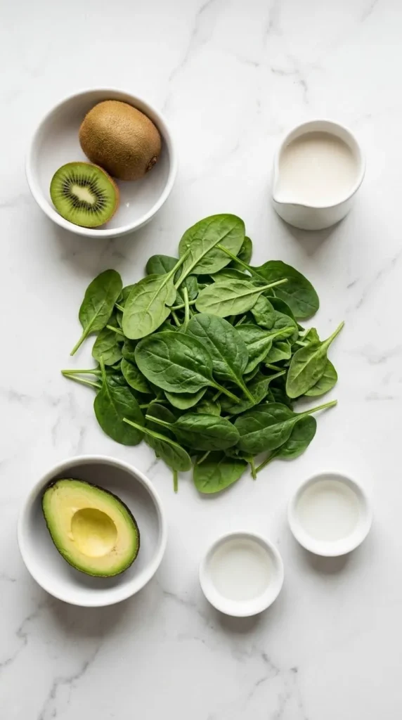 Zutaten für Grüner Smoothie mit Kokoswasser: frischer Baby-Spinat, Kiwis und ungesüßte Mandelmilch