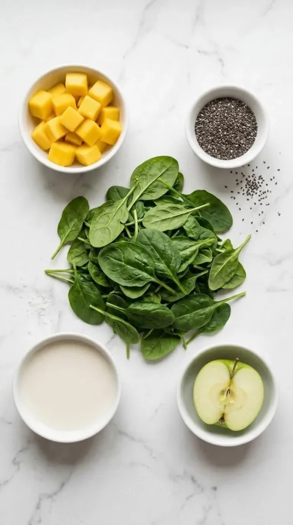 Zutaten für Grüner Smoothie mit Mango: frischer Baby-Spinat, Pflücksalat, Mangowürfel und Chiasamen