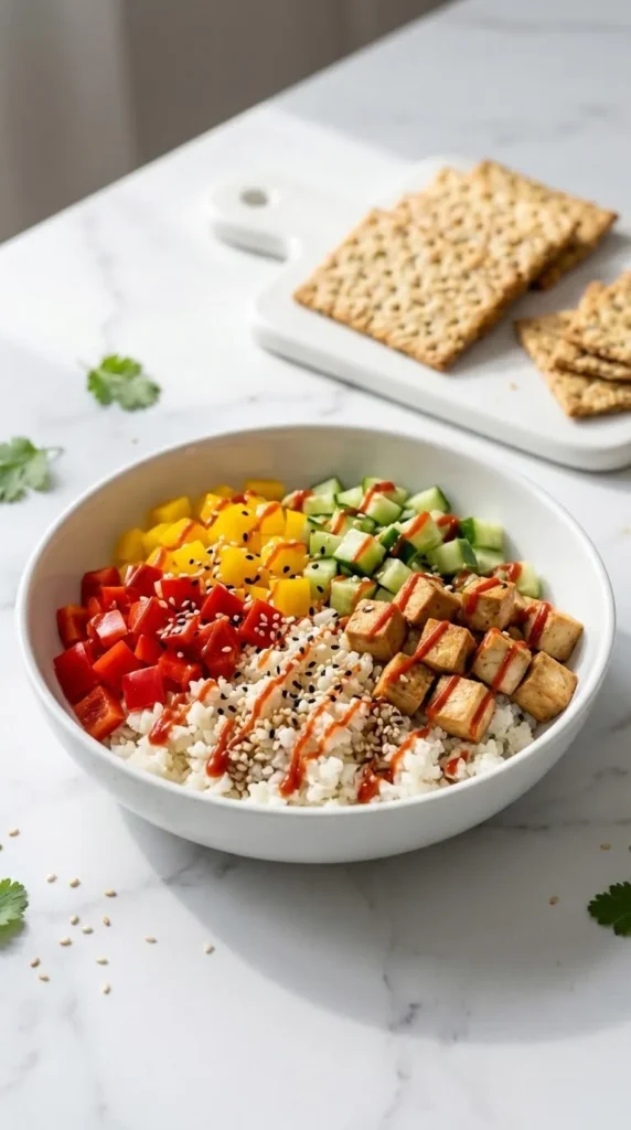 Low-Carb Sushi-Bowl kohlenhydratarm — Farbenfrohe Schüssel mit krossem Tofu, Gurken und gelber Paprika