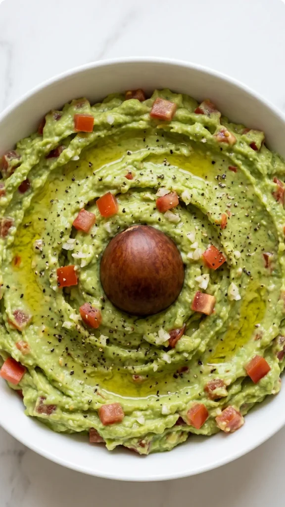 Nahaufnahme von 1a Guacamole-Dip — rustikale, sämige Struktur des frischen Avocado-Muses
