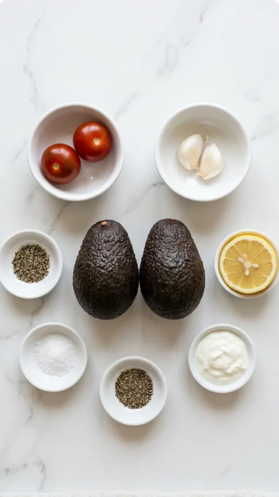 Zutaten für 1a Guacamole-Dip: reife Avocados, Tomaten, Knoblauch und frischer Zitronensaft