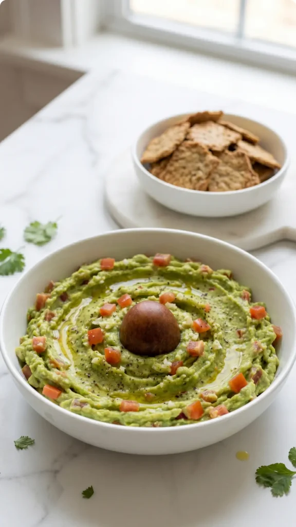 1a Guacamole-Dip serviert mit Low-Carb Cracker — servierfertiger ketogener Party-Snack