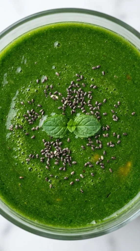 Nahaufnahme von Grüner Smoothie mit Mango — feine, sämige Textur mit gequollenen Chiasamen