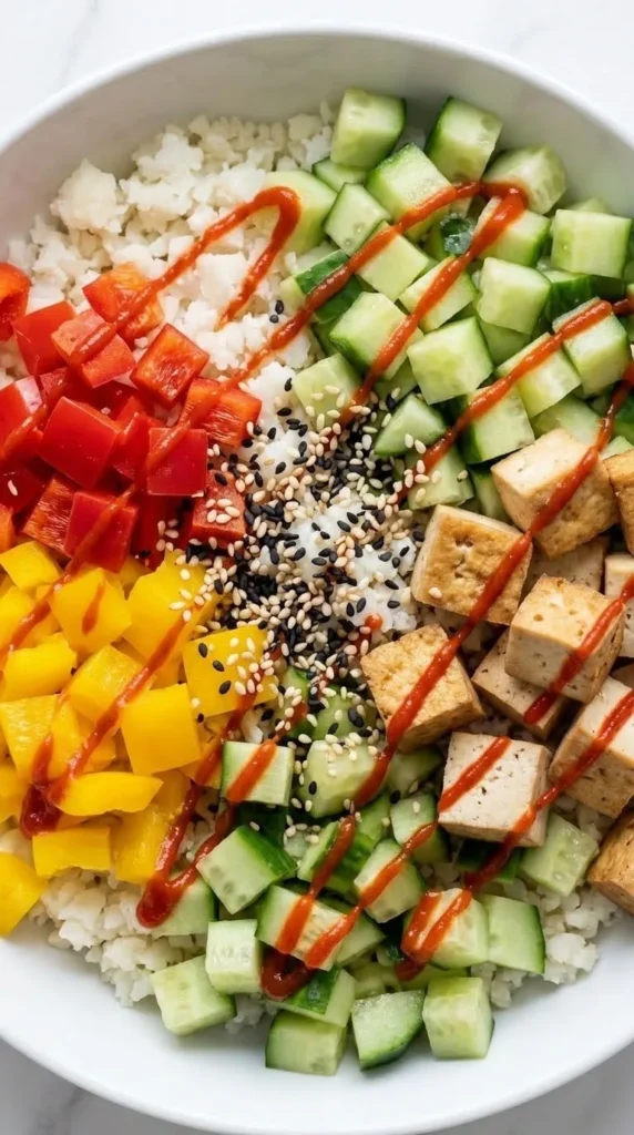 Nahaufnahme von Low-Carb Sushi-Bowl — Detailreiche Textur von geröstetem Sesam und würziger Sriracha-Sauce