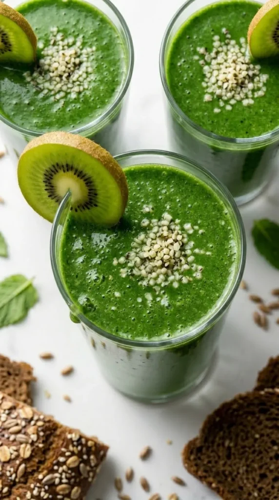 Nahaufnahme von Grüner Smoothie mit Kokoswasser — schäumende, feine grüne Nährstoff-Creme