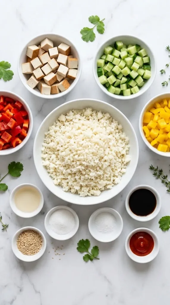 Zutaten für Low-Carb Sushi-Bowl: Reisersatz, frischer Räuchertofu und knackige bunte Paprikawürfel