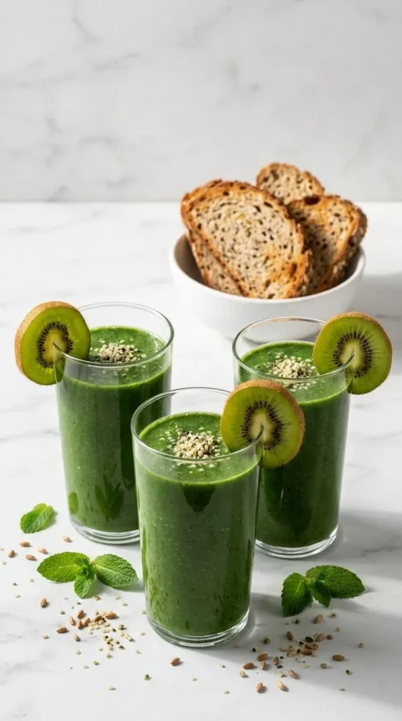 Grüner Smoothie mit Kokoswasser serviert mit Keto-Brot — erfrischendes Low-Carb Frühstückskonzept