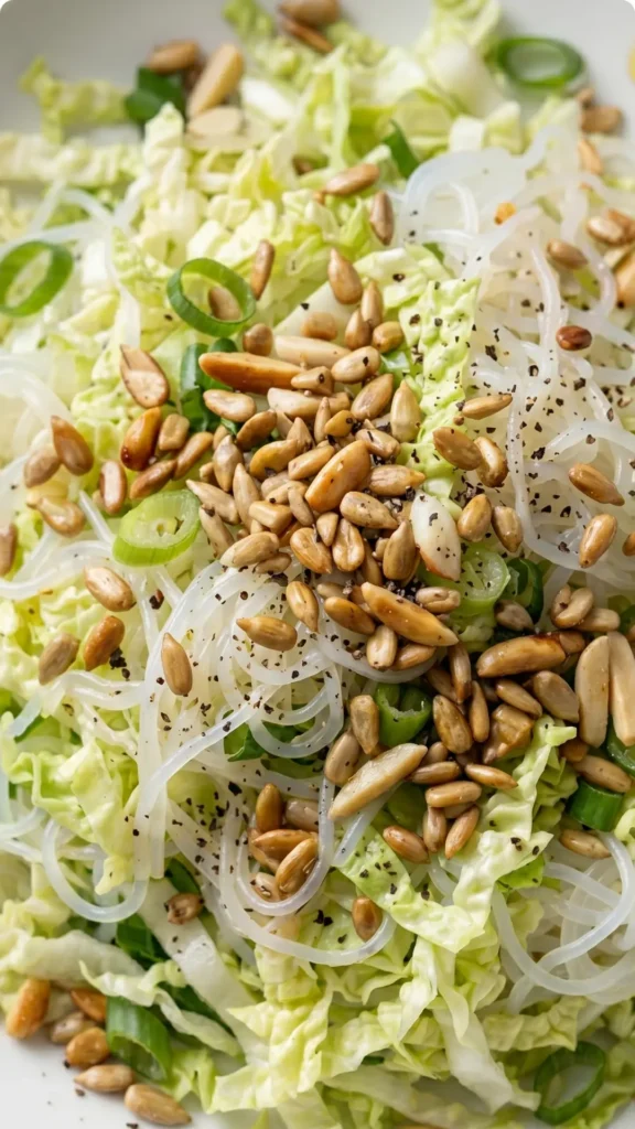 Nahaufnahme von Chinakohlsalat mit Sonnenblumenkernen — goldbraun geröstete Mandeln und Kerne auf feinem Kohl