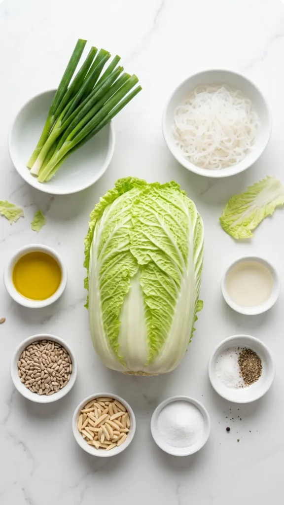 Zutaten für Chinakohlsalat mit Sonnenblumenkernen: ein frischer Chinakohl, Frühlingszwiebeln und Konjak-Nudeln