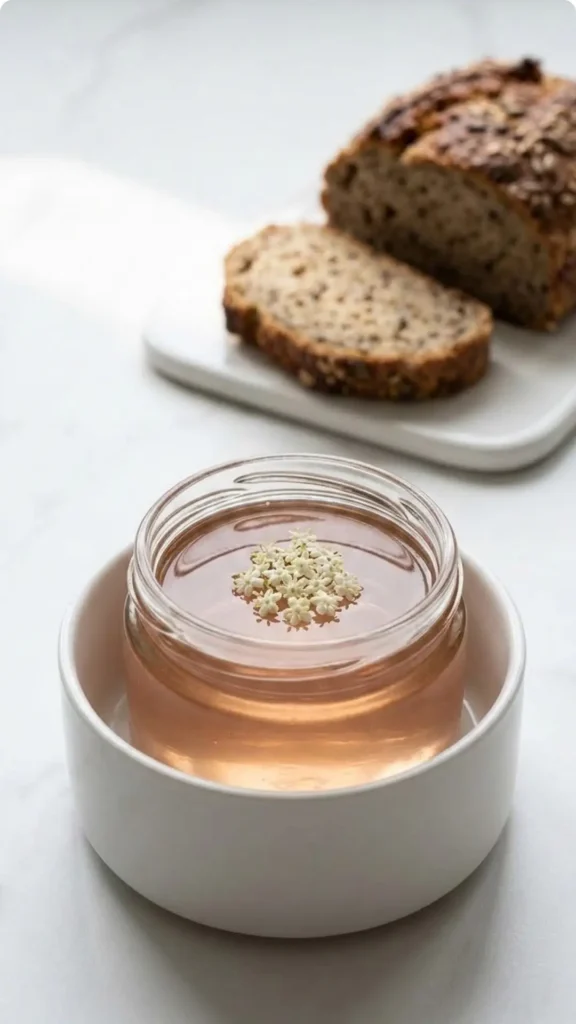 Holunderblüten-Rhabarber-Gelee serviert mit Keto-Brot — feines Low-Carb Frühstück