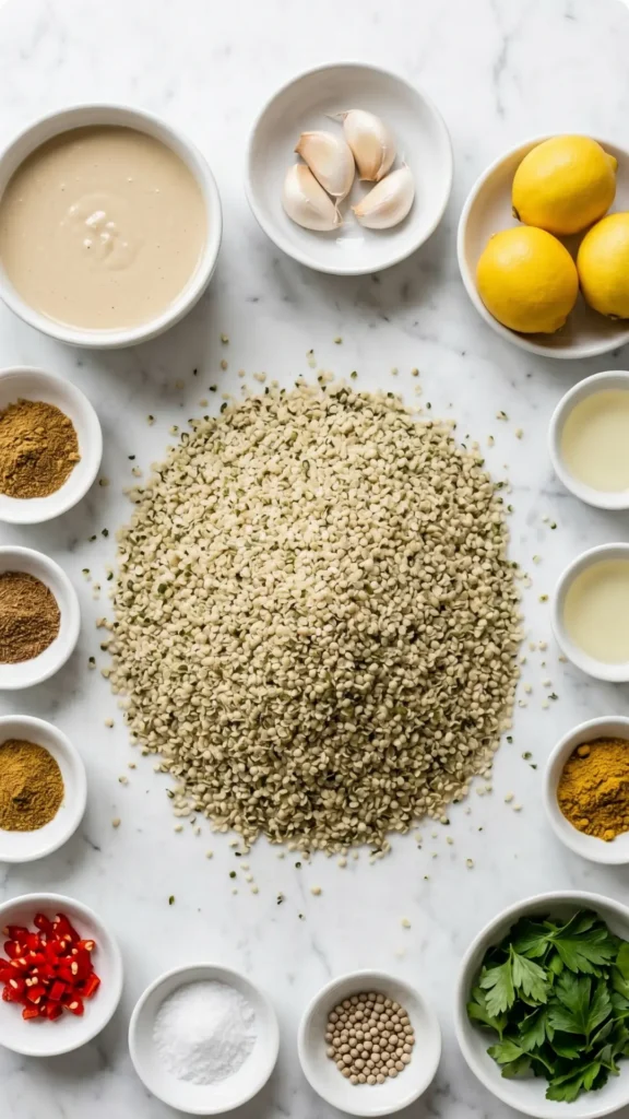 Zutaten für Hummus bi Tahina: geschälte Hanfsamen, feines Sesam-Tahin, Knoblauchzehen und Zitronen