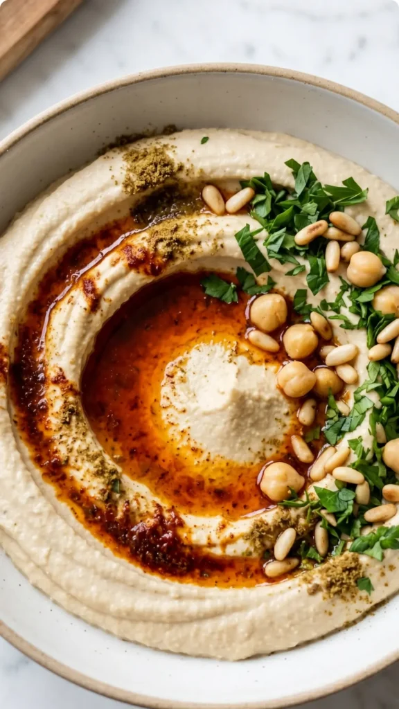 Nahaufnahme von Hummus bi Tahina — sämige Textur mit glänzendem Gewürzöl und frischer Petersilie