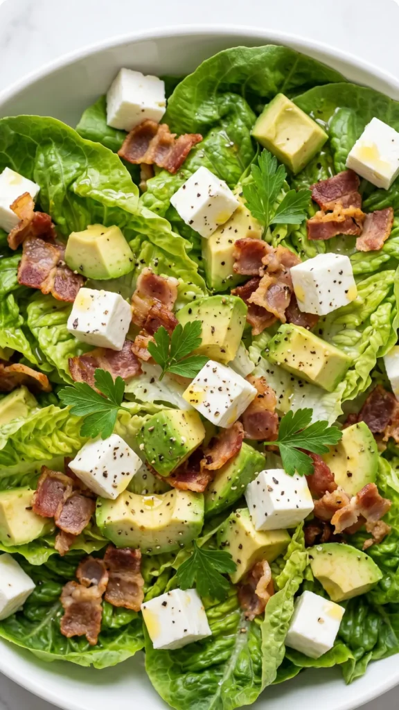 Nahaufnahme von Keto Avocado-Speck-Salat — Knusprige Speckbrösel und cremige Feta-Stücke auf saftiger Avocado
