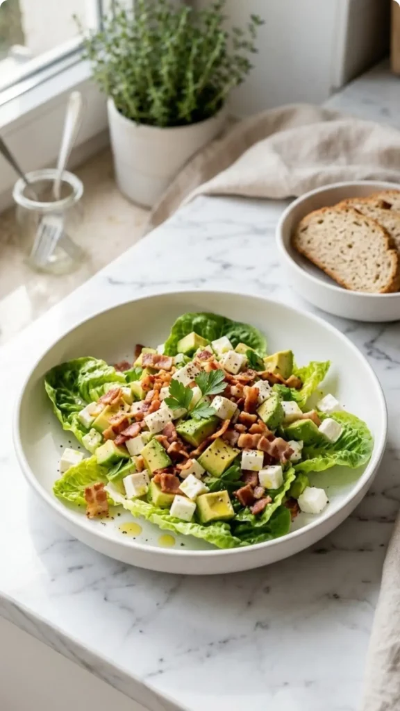 Keto Avocado-Speck-Salat serviert mit Keto-Brot — Frisch angerichteter Low-Carb-Salat neben einer Scheibe glutenfreiem Brot