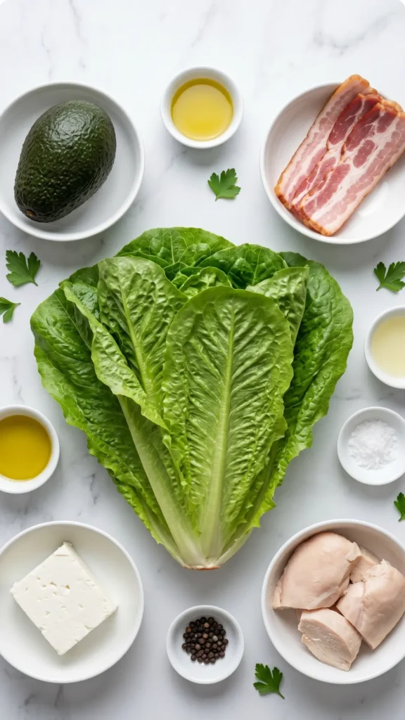 Zutaten für Keto Avocado-Speck-Salat: Frischer Römersalat, eine ganze Avocado, roher Speck und Hähnchenbrust
