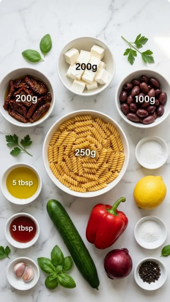 Zutaten für mediterranen Keto Nudelsalat: Protein-Fusilli, getrocknete Tomaten, Feta-Block, Kalamata-Oliven und Paprika