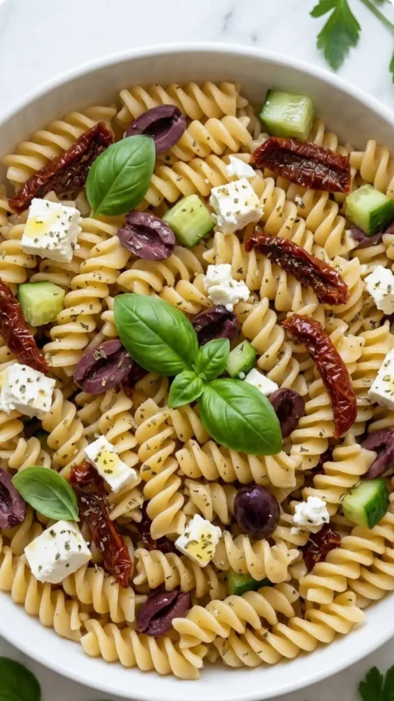 Nahaufnahme von mediterranem Keto Nudelsalat — Detailansicht der glänzenden Vinaigrette auf Feta-Käse und würzigen Oliven