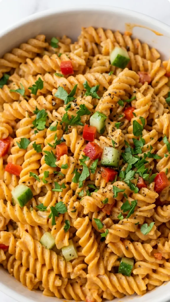 Nahaufnahme von Keto Nudelsalat auf türkische Art — Detailansicht der cremigen Ajvar-Sauce auf den Low-Carb Spirelli-Nudeln