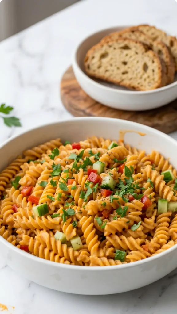 Keto Nudelsalat auf türkische Art serviert mit Keto-Brot — Würziger orientalischer Low-Carb-Salat neben einer Scheibe frischem Brot