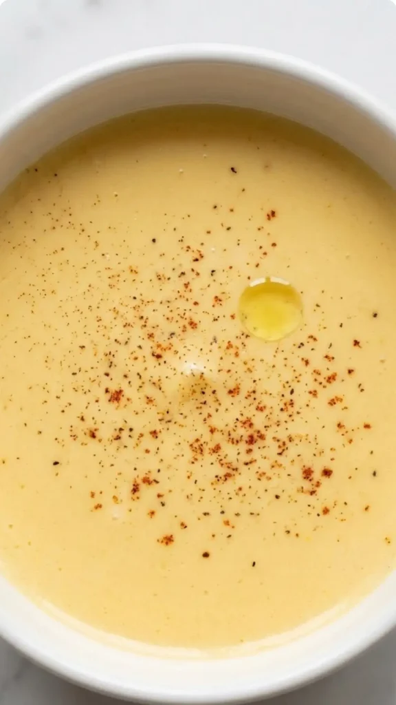 Nahaufnahme von Sauce Hollandaise — cremige Emulsion mit feinen Gewürzpartikeln
