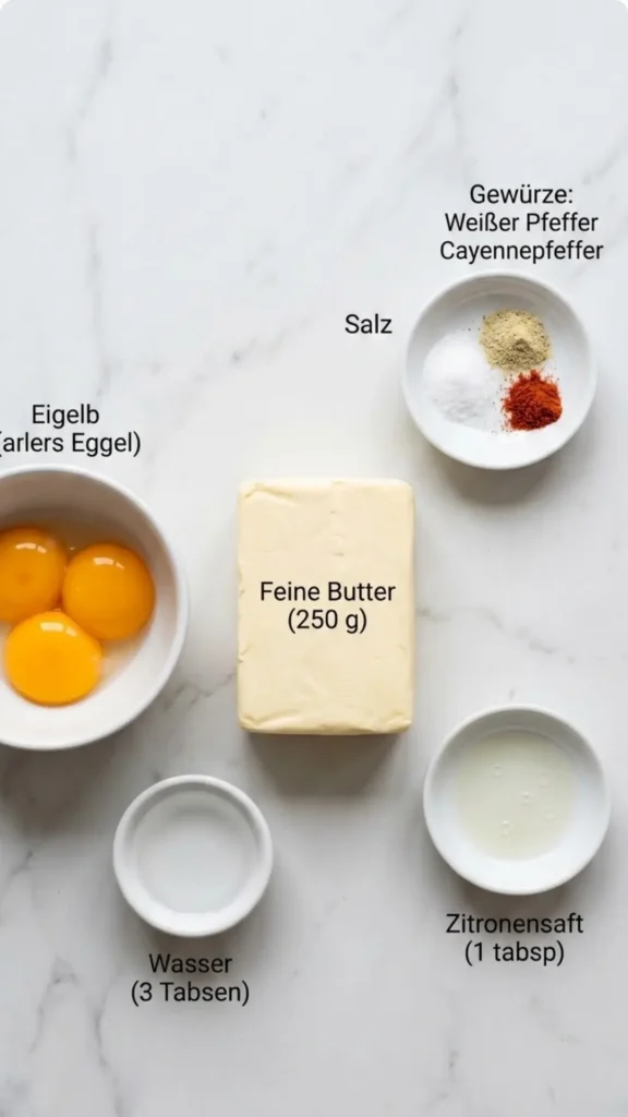 Zutaten für Sauce Hollandaise: feine Butter, frische Eigelb und eine Zitrone