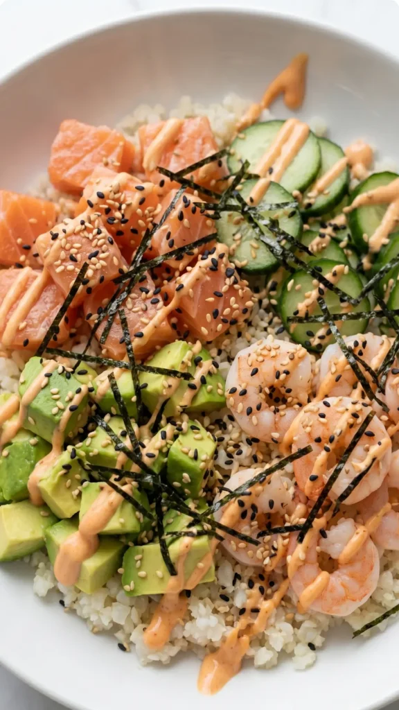 Nahaufnahme von Sushi Bowl à la Ela — cremige Sriracha-Mayonnaise und feiner Sesam auf Fisch