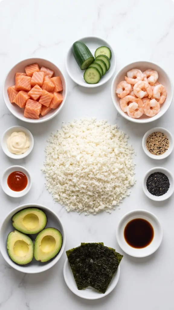 Zutaten für Sushi Bowl à la Ela: geriebener Blumenkohlreis, zarter Lachs, Garnelen und Avocados