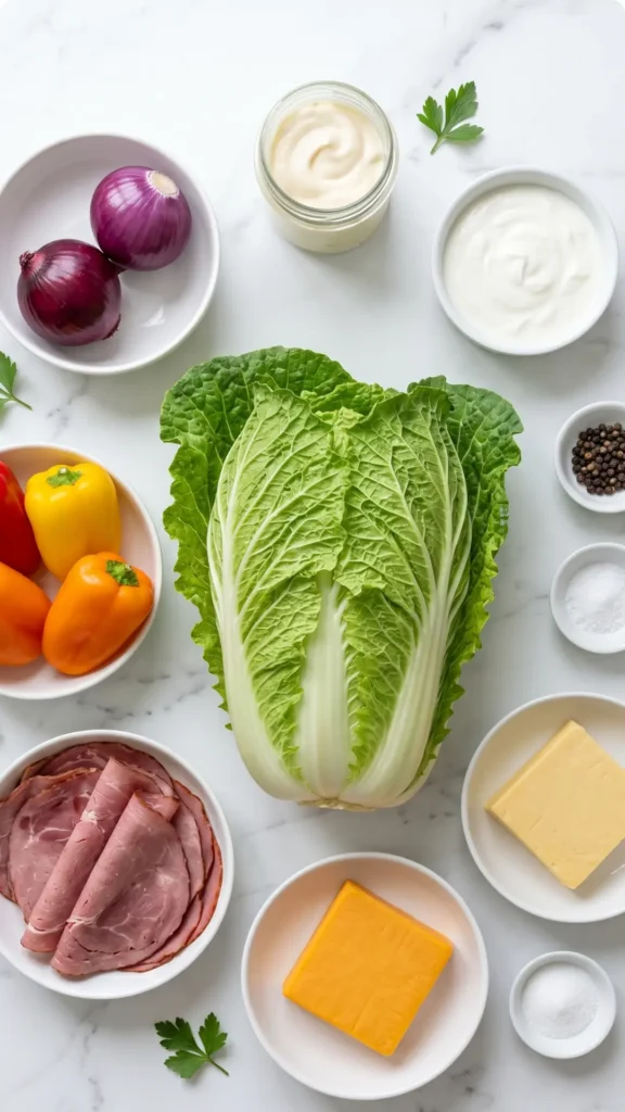Zutaten für Frischer Keto Über-Nacht-Salat: Ganzer Chinakohl, bunte Paprikaschoten, rote Zwiebeln und feiner Rinderschinken