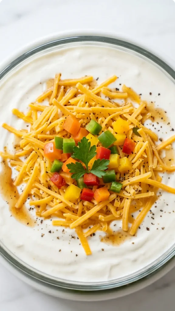 Nahaufnahme von Frischer Keto Über-Nacht-Salat — Cremige Joghurt-Mayonnaise-Sauce dick mit geraspeltem Cheddar-Käse bestreut