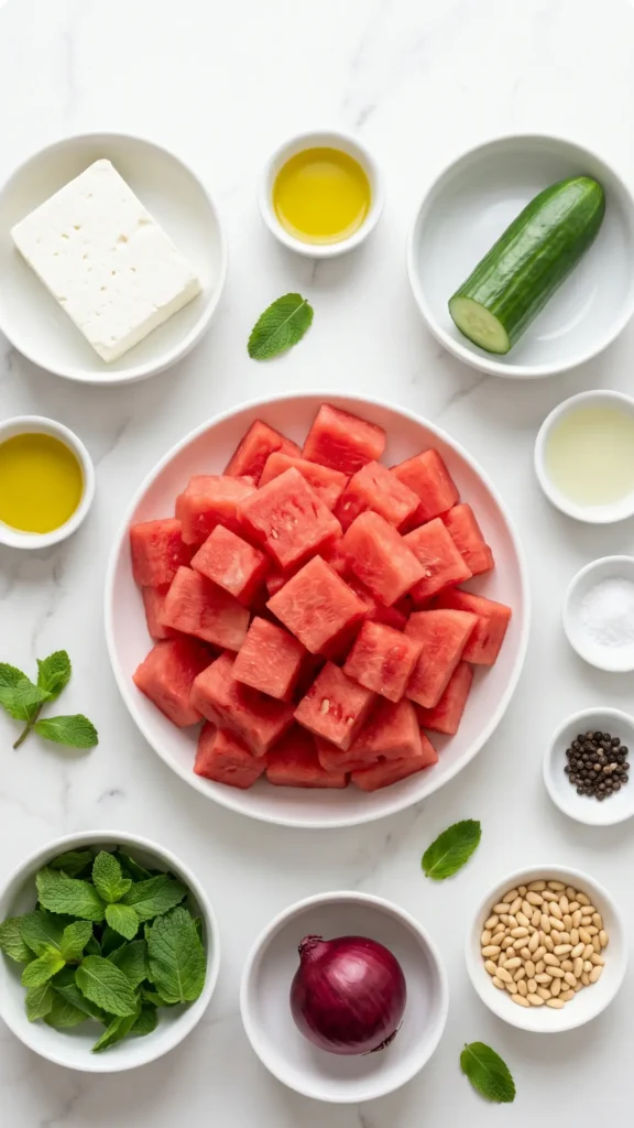 Zutaten für Keto Wassermelonen-Feta-Salat: Saftiges rotes Wassermelonen-Fruchtfleisch, Feta-Block, Gurke und frische Minze