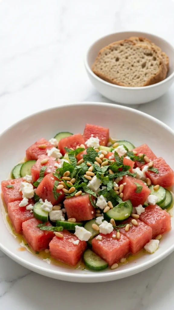 Keto Wassermelonen-Feta-Salat serviert mit Keto-Brot — Erfrischender Low-Carb-Salat neben einer Scheibe knusprigem Mandelbrot