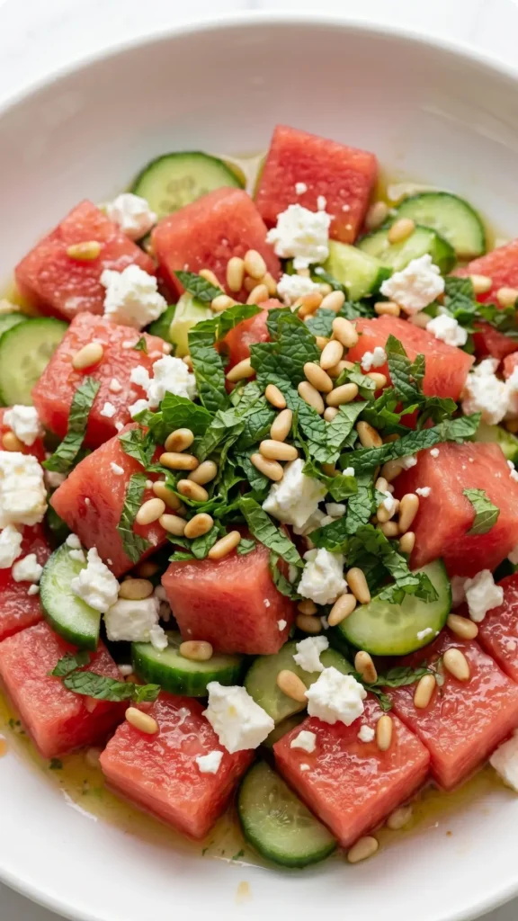 Nahaufnahme von Keto Wassermelonen-Feta-Salat mit Minze — Detailansicht der glänzenden Vinaigrette auf saftigen Melonenstücken