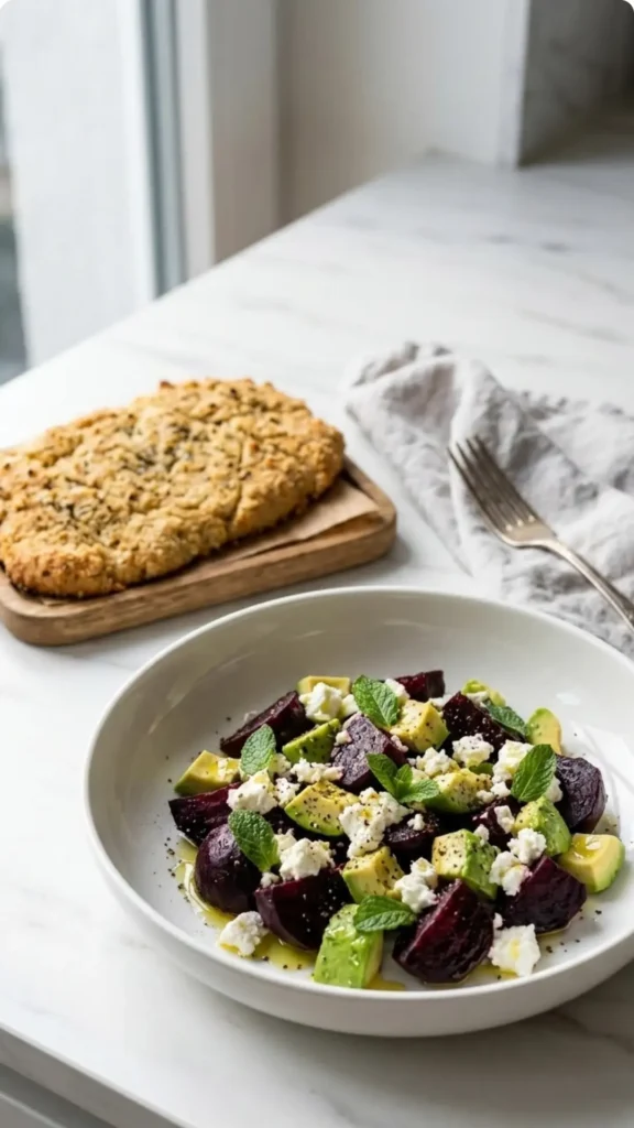 Rote-Bete-Avocado-Salat serviert mit Keto-Knoblauchbrot — ansprechende Präsentation einer Low-Carb Beilage
