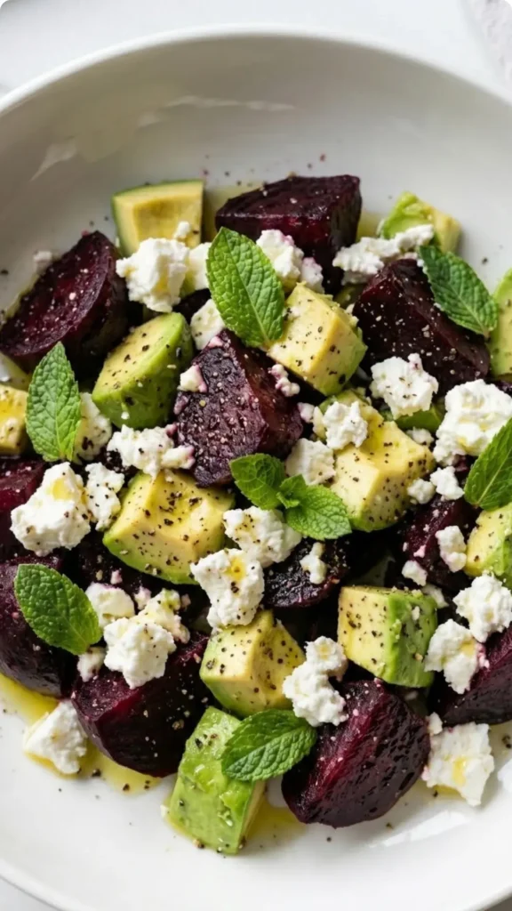 Nahaufnahme von Rote-Bete-Avocado-Salat — glänzendes Olivenöl auf gewürfelten Zutaten und Feta