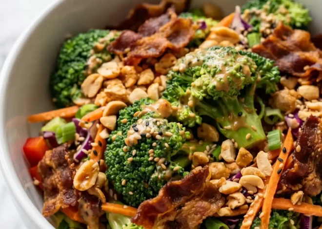 Knackiger Brokkoli-Salat mit Erdnuss-Crunch und Beef Bacon