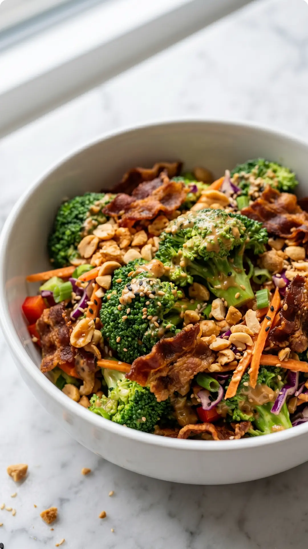Knackiger Brokkoli-Salat mit Erdnuss-Crunch und Beef Bacon