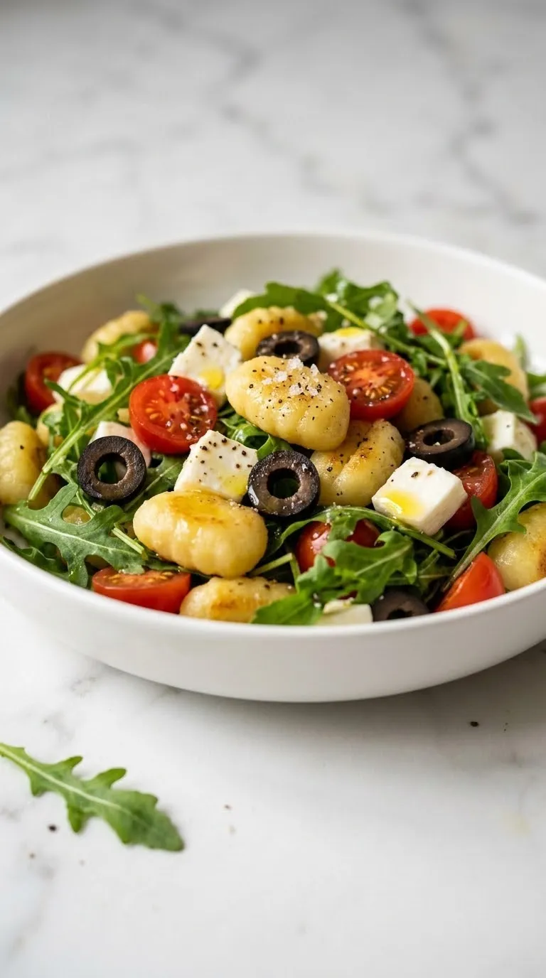 Gnocchisalat mit Rucola kohlenhydratarm — mediterraner Gnocchisalat mit Tomaten und Mozzarella in weißer Schüssel.