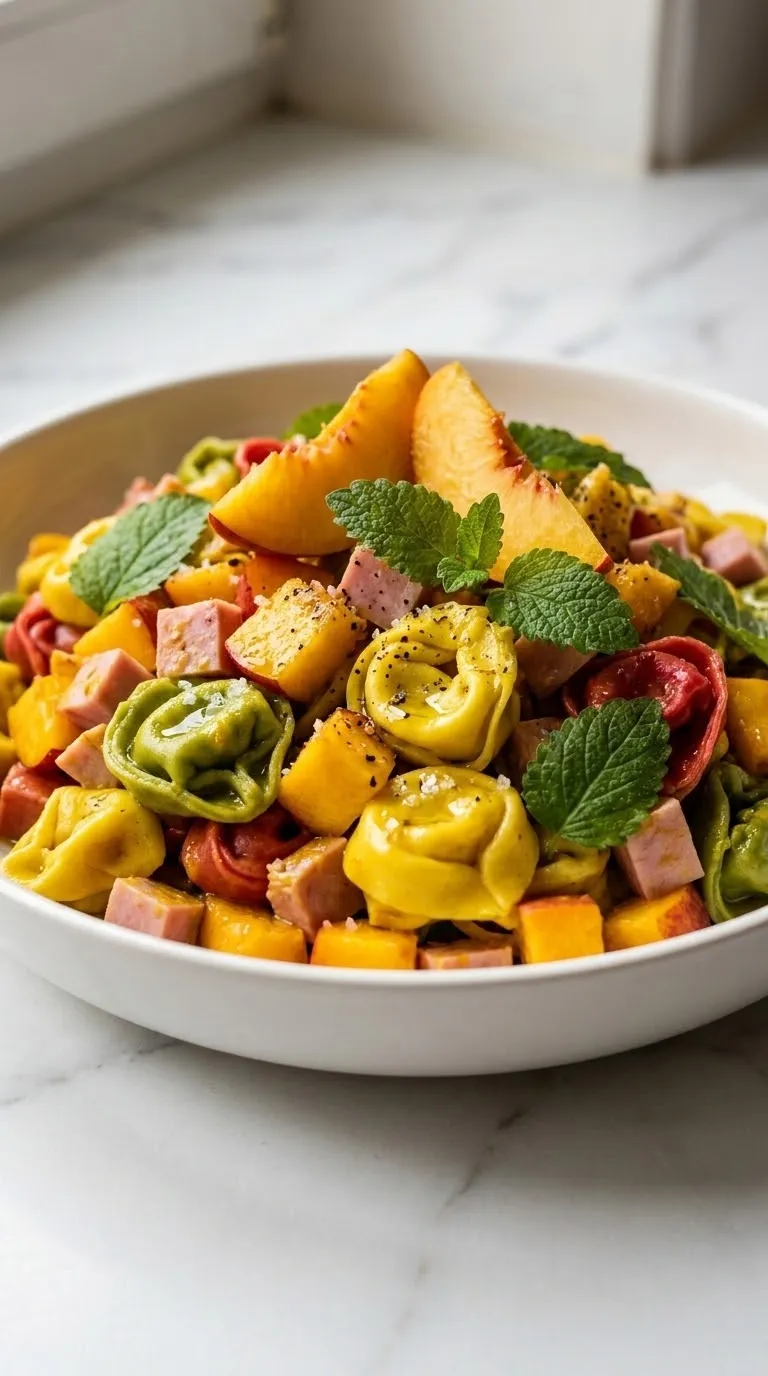 Tortellini-Salat mit Curry kohlenhydratarm — cremiger Nudelsalat mit bunten Tortellini, Pfirsichen und Schinken.