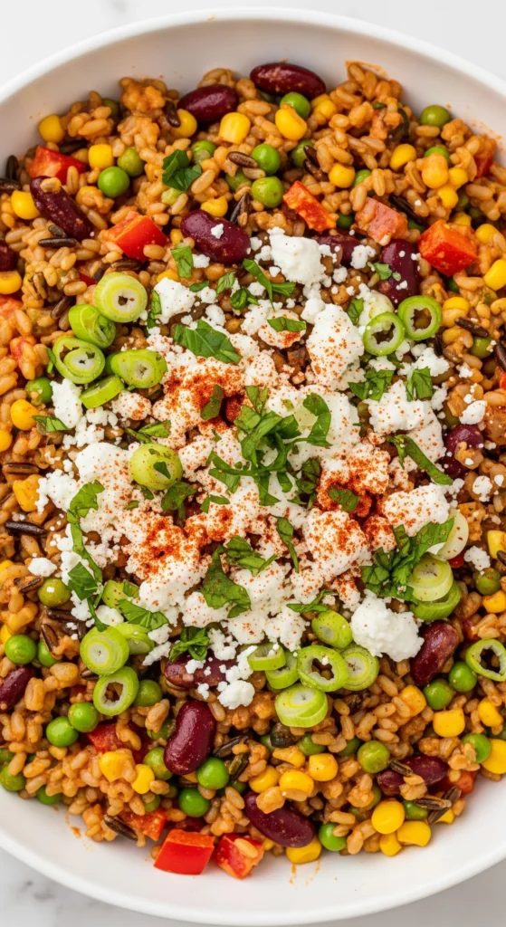 Nahaufnahme von Reissalat Mexico — Gekörnte Struktur von Wildreis mit cremiger Sauce, Erbsen und Feta