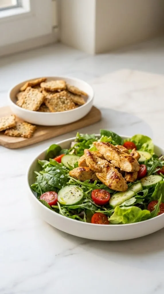 Salat mit Hähnchenbrust serviert mit Low-Carb Cracker — leichtes Hauptgericht ansprechend hergerichtet.