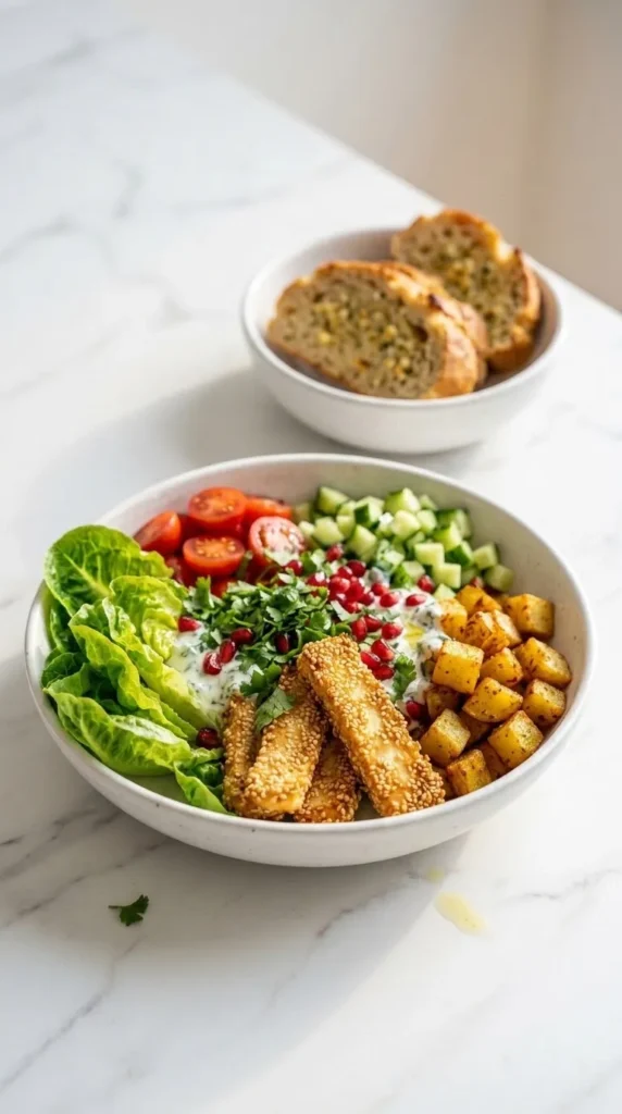 Halloumi in Sesamkruste Bowl serviert mit Low-Carb-Knoblauchbrot — Sommerliche Salatkreation auf Marmor