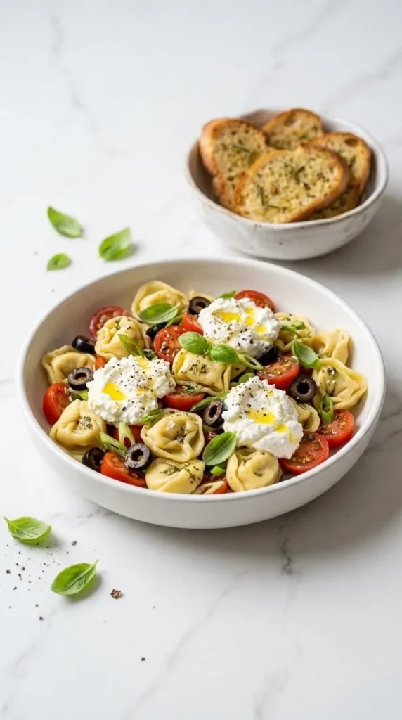 Tortellini-Salat mit Ricotta serviert mit Keto-Knoblauchbrot — sommerliche Hauptspeise elegant angerichtet.