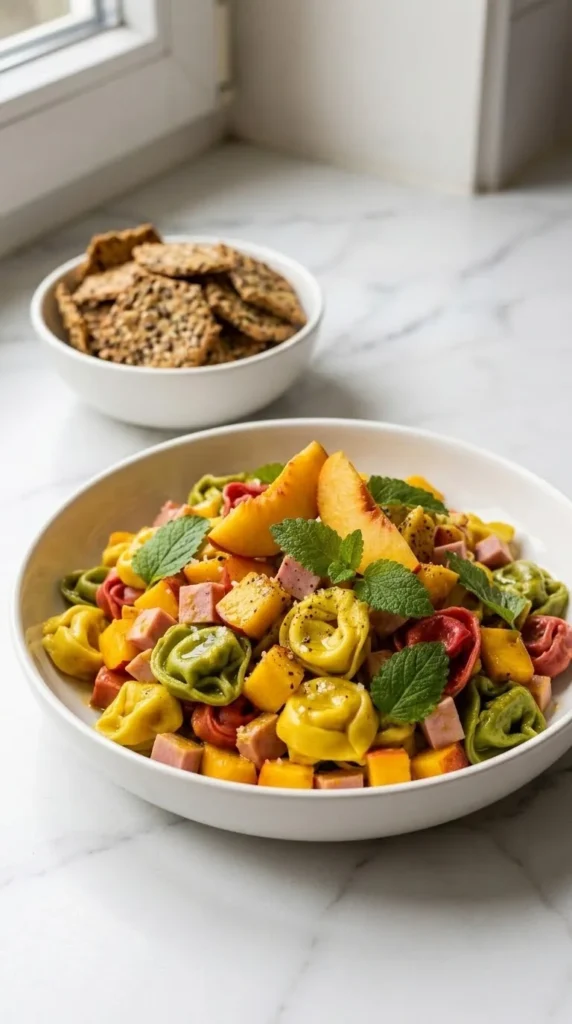 Tortellini-Salat mit Curry serviert mit Low-Carb Cracker — fruchtiger Party-Nudelsalat dekorativ angerichtet.