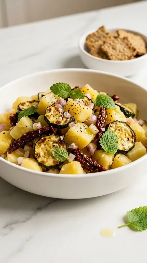 warmer Zucchini-Kartoffelsalat serviert mit Low-Carb Cracker — leichter veganer Salat elegant angerichtet.