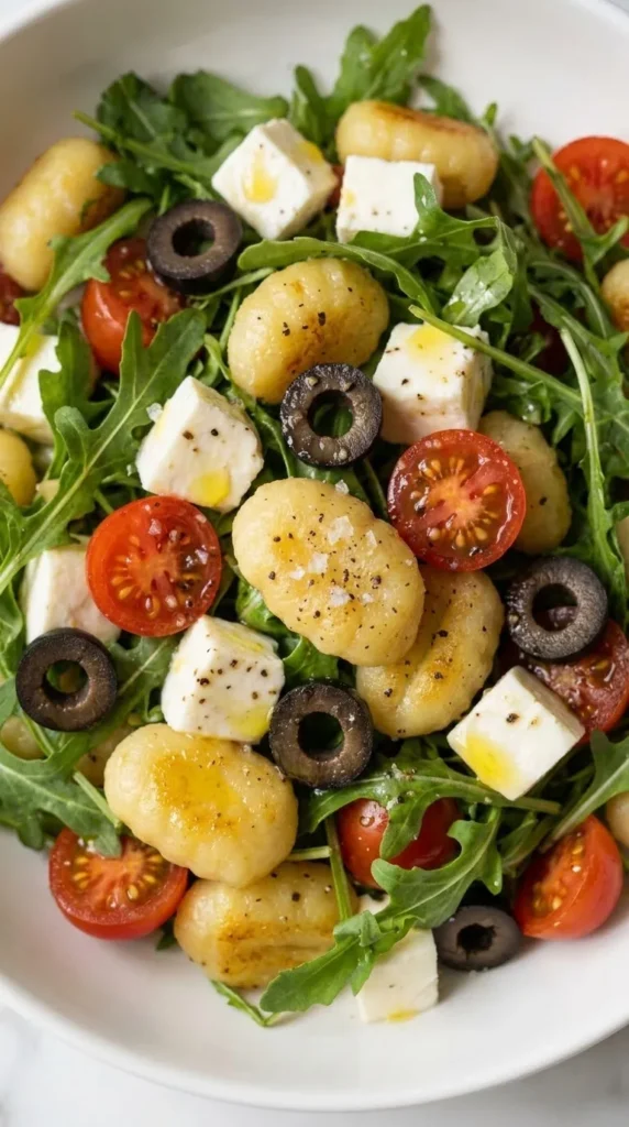 Nahaufnahme von Gnocchisalat mit Rucola — glänzendes Balsamico-Dressing auf weichen Gnocchi und Tomaten.