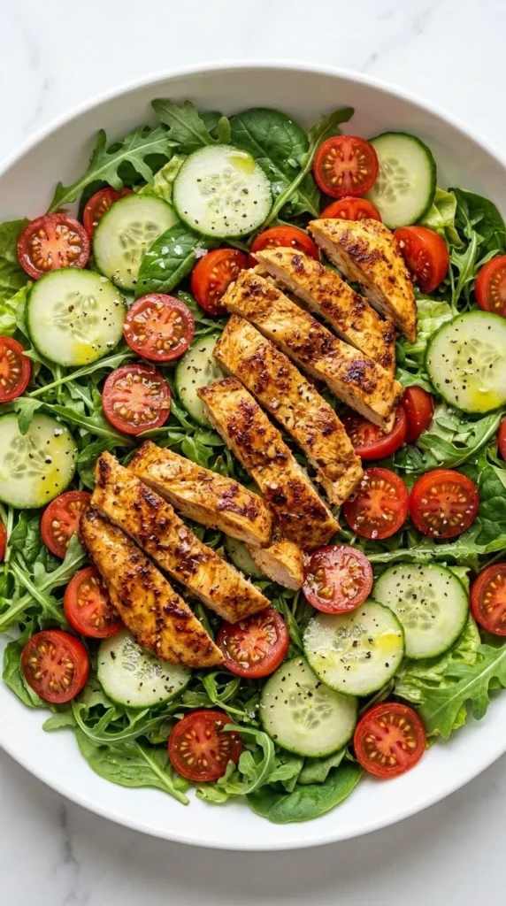 Nahaufnahme von Salat mit Hähnchenbrust — glänzendes Senf-Öl-Dressing auf frischen Tomaten und Hähnchenfleisch.