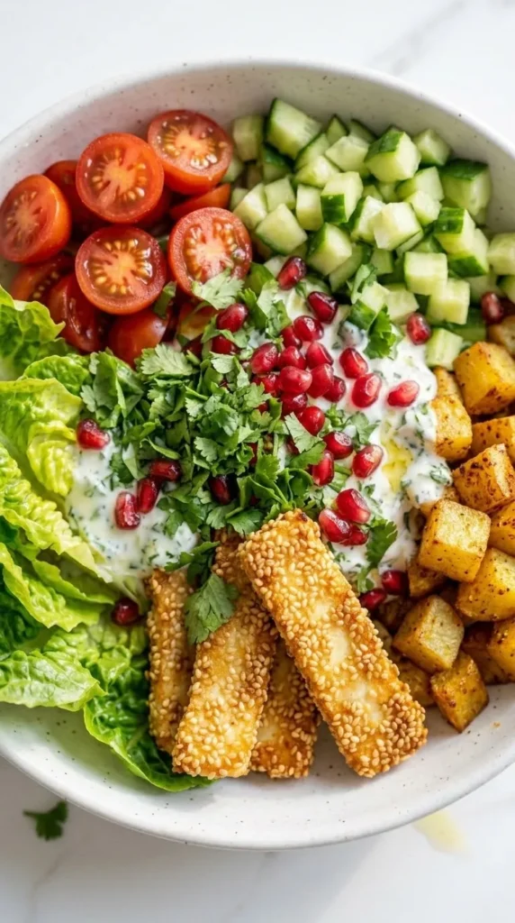 Nahaufnahme von Halloumi in Sesamkruste Bowl — Knusprige Panade und frische Minze auf Salat