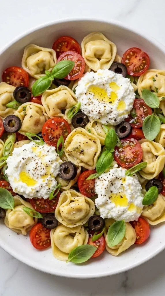 Nahaufnahme von Tortellini-Salat mit Ricotta — cremiges Senf-Essig-Dressing auf weichen Tortellini und Tomaten.